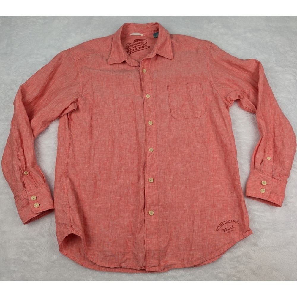 Tommy Bahama 100% Linen Relax‎ Shirt Men's L Red Long Sleeve Button Up Beach